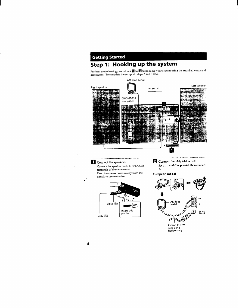 Getting started, Step 1: hooking up the system, Connect the speakers | Connect the fm/am aerials | Sony DHC-MD333 User Manual | Page 4 / 60