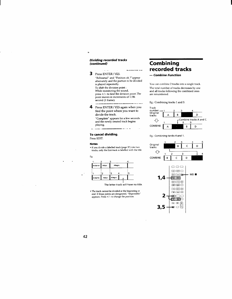 3 press enter/yes, To cancel dividing, Notes | Combining recorded tracks, Icglcgll, I m p i, Hi ^ i ° 1,4 | Sony DHC-MD333 User Manual | Page 42 / 60