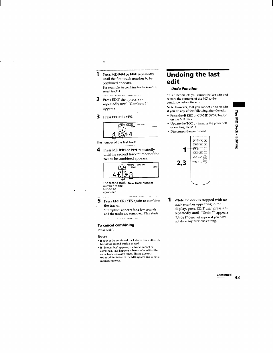 Undoing the last edit, To cancel combining, Notes | Continued | Sony DHC-MD333 User Manual | Page 43 / 60