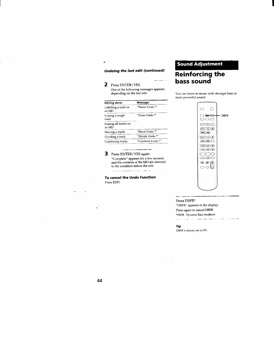 Sound adjustment, Reinforcing the bass sound, To cancel the undo function | Sony DHC-MD333 User Manual | Page 44 / 60