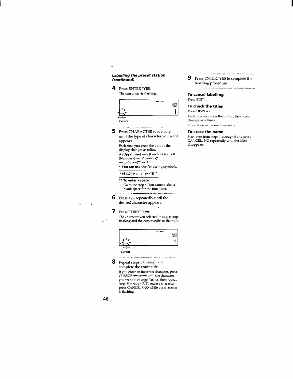 You can use the following symbols, To enter a space, To cancel labelling | To check the titles, To erase the name | Sony DHC-MD333 User Manual | Page 46 / 60