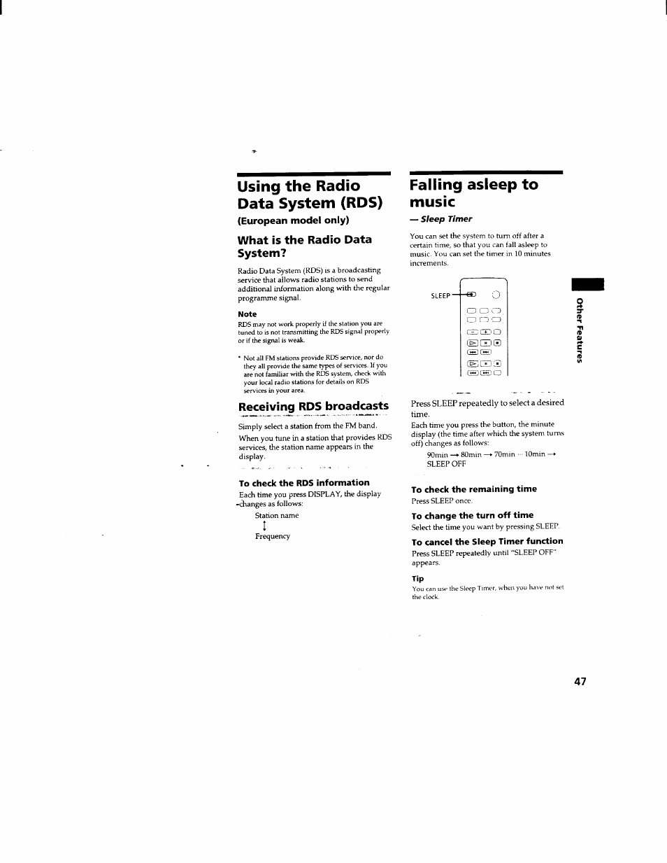 Using the radio data system (rds), European model only), What is the radio data system | Note, Receiving rds broadcasts, To check the rds information, Falling asleep to music, Press sleep repeatedly to select a desired time, To check the remaining time, To change the turn off time | Sony DHC-MD333 User Manual | Page 47 / 60