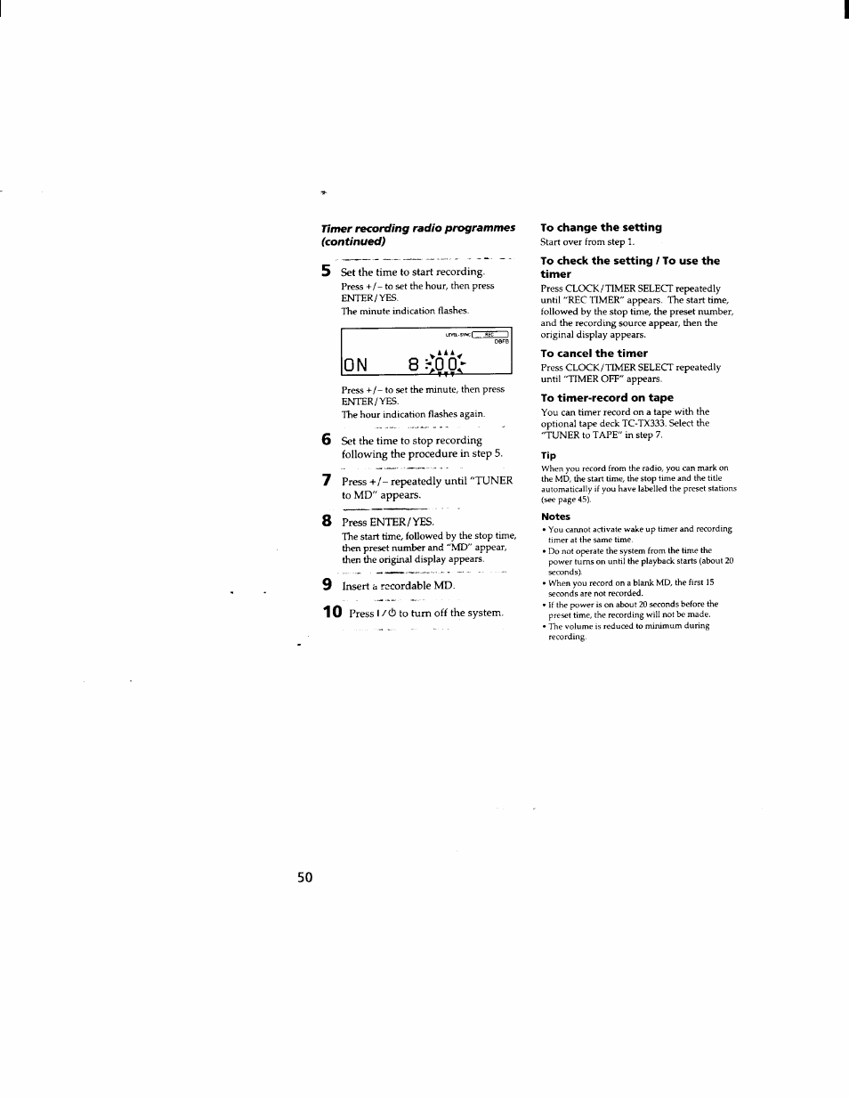 5 set the time to start recording, 7 press+/-repeatedly until "tuner to md" appears, 8 press enter/yes | 9 insert a recordable md, 10 press i /cb to turn off the system, To change the setting, To check the setting / to use the timer, To cancel the timer, To timer-record on tape | Sony DHC-MD333 User Manual | Page 50 / 60