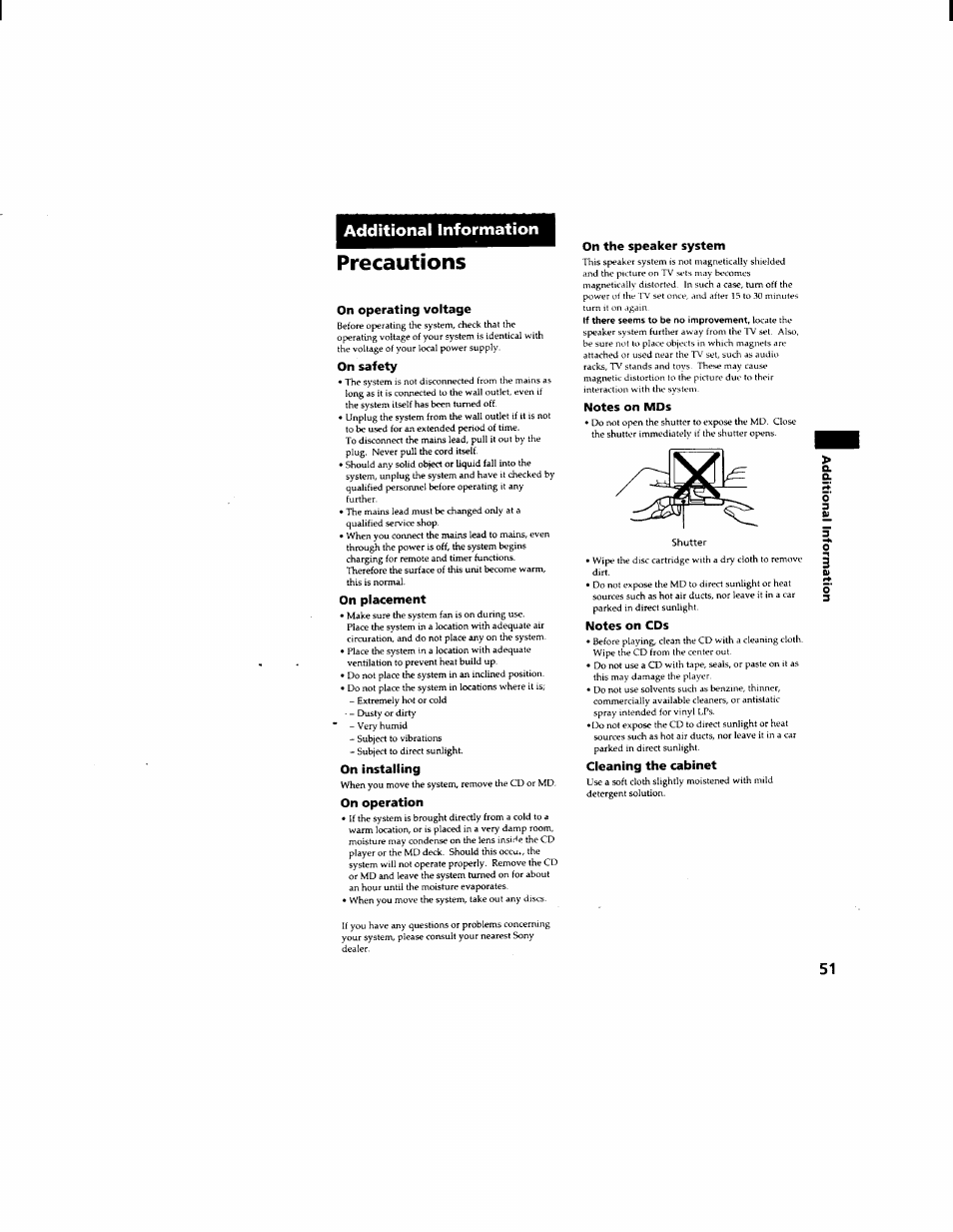 Additional information, Precautions, On operating voltage | On safety, On placement, On installing, On operation, On the speaker system, Notes on mds, Notes on cds | Sony DHC-MD333 User Manual | Page 51 / 60