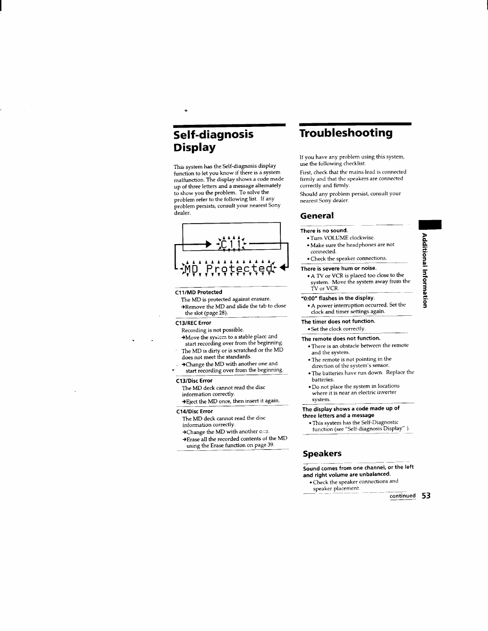 Self-diagnosis, Display, C13/rec error | C13/disc error, C14/disc error, Troubleshooting, General, There is no sound, There is severe hum or noise, The timer does not function | Sony DHC-MD333 User Manual | Page 53 / 60