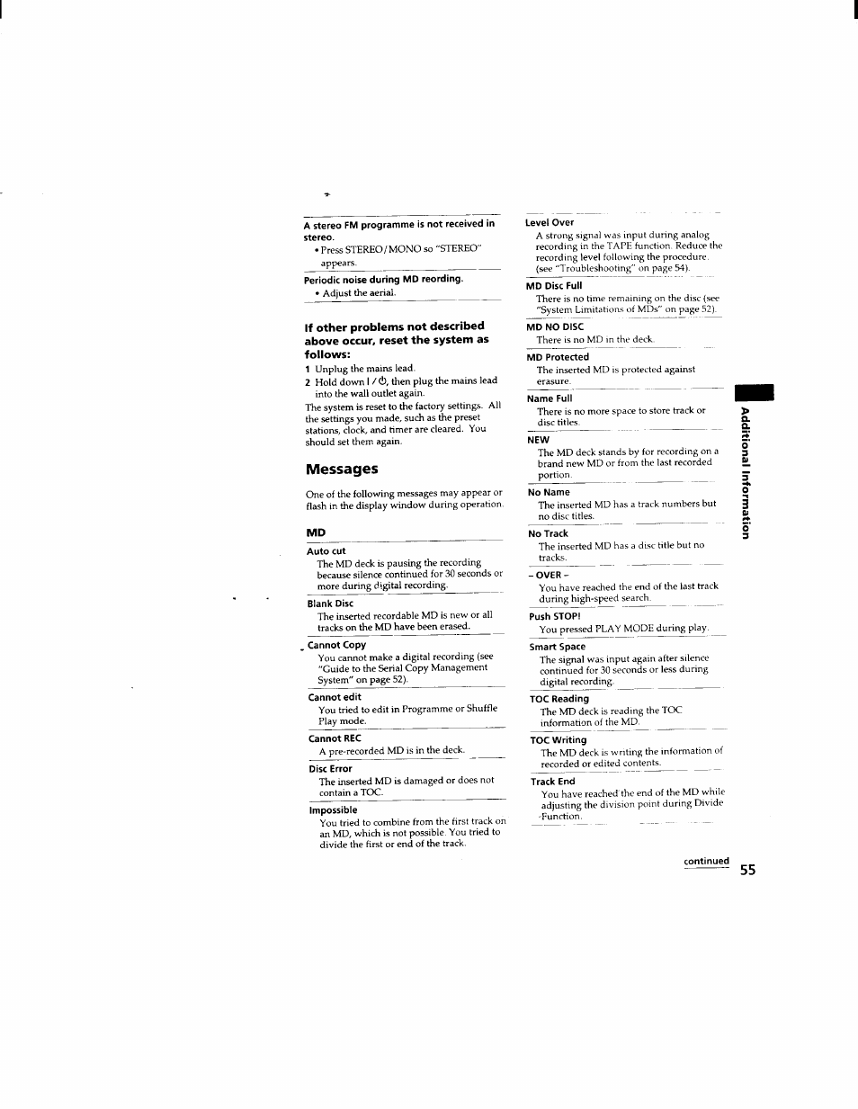 A stereo fm programme is not received in stereo, Messages, Auto cut | Blank disc, Cannot edit, Cannot rec, Disc error, Level over, Md disc full, Md no disc | Sony DHC-MD333 User Manual | Page 55 / 60