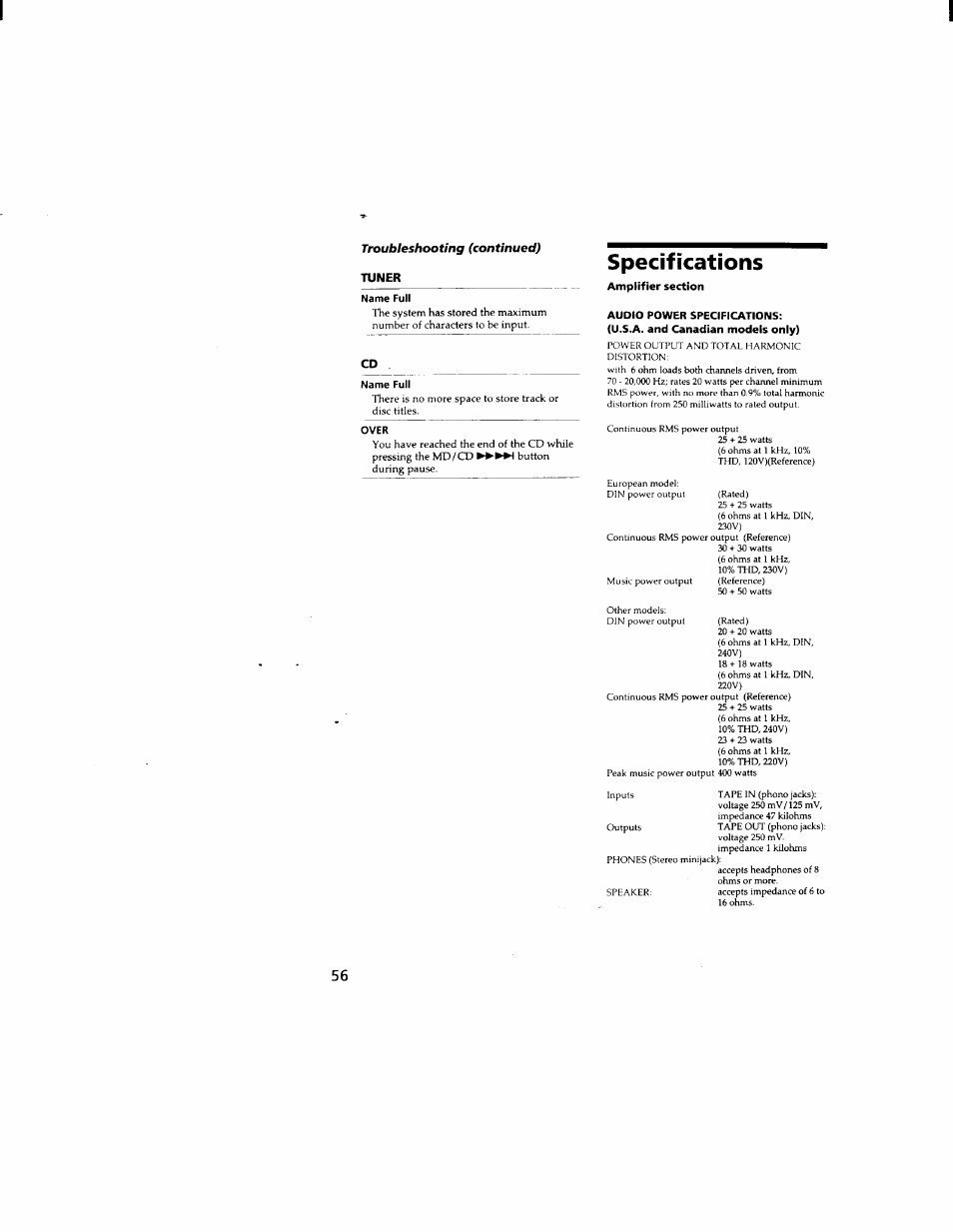 Tuner, Name full, Over | Specifications | Sony DHC-MD333 User Manual | Page 56 / 60