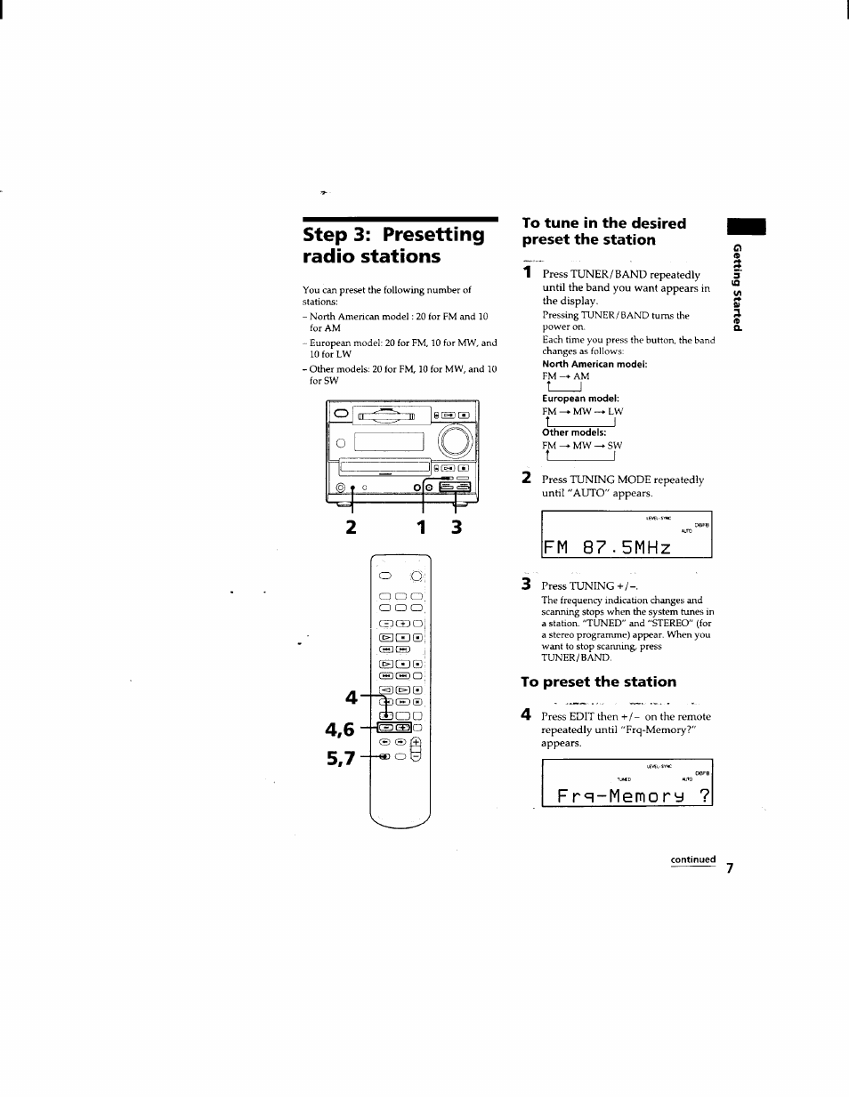 Step 3: presetting radio stations, To tune in the desired preset the station, North american model | European model, Other models, To preset the station, Fm 87.5mhz | Sony DHC-MD333 User Manual | Page 7 / 60