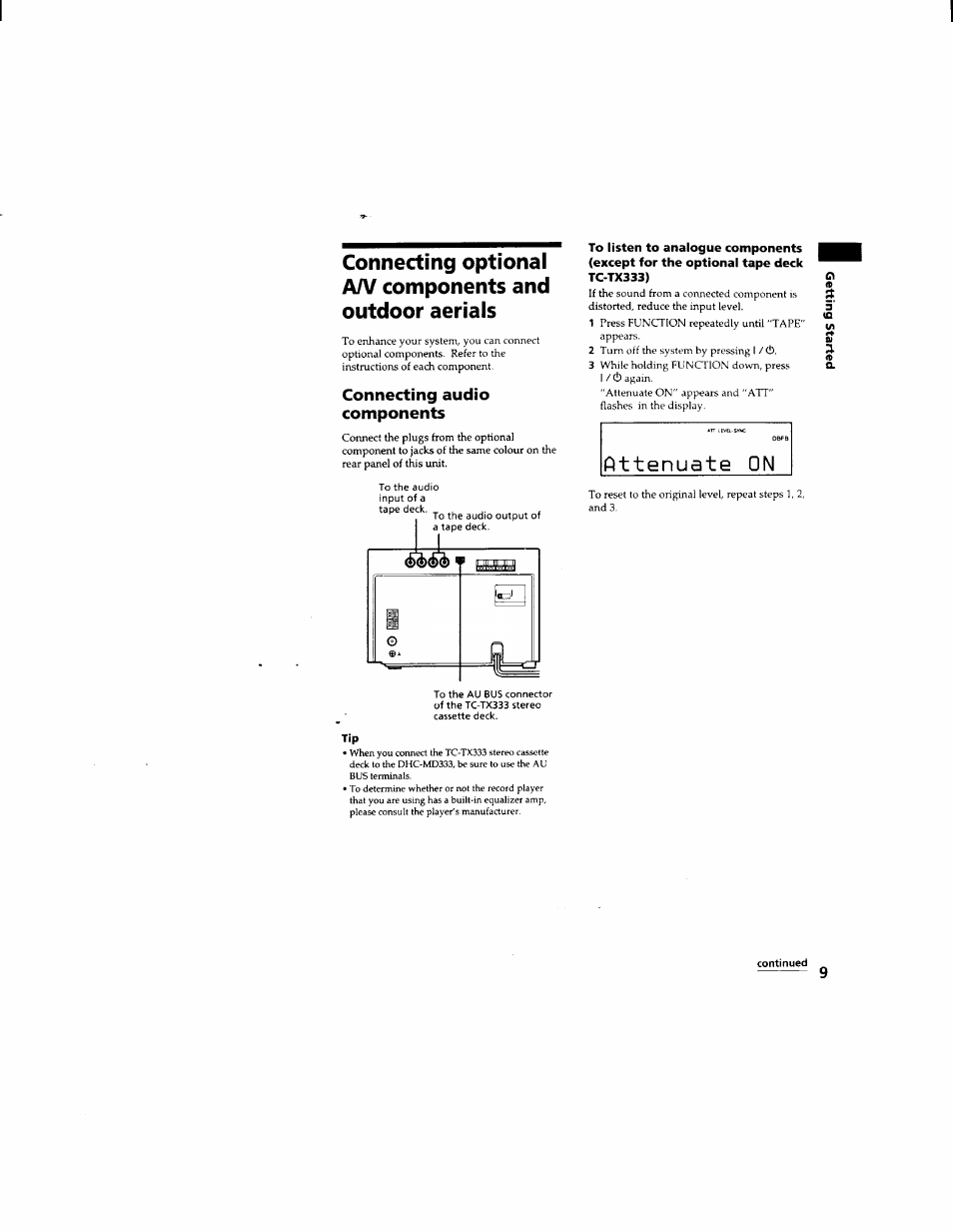 Connecting audio components, Connecting optional a/v components, And outdoor aerials | Attenuate on | Sony DHC-MD333 User Manual | Page 9 / 60