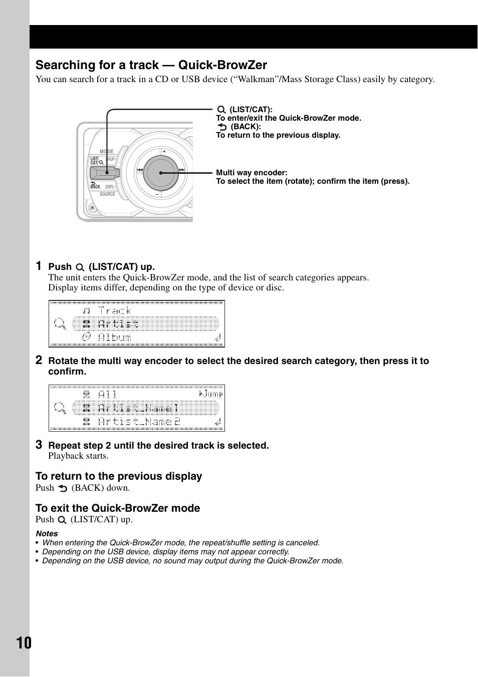 Searching for a track - quick-browzer, Searching for a track — quick-browzer | Sony CDX-GT920U User Manual | Page 10 / 56