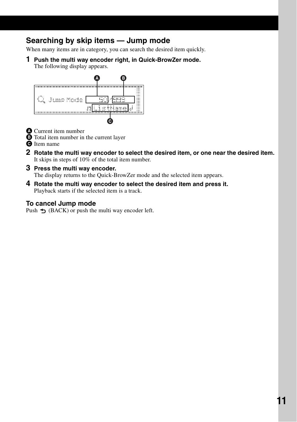 Searching by skip items - jump mode, Searching by skip items — jump mode | Sony CDX-GT920U User Manual | Page 11 / 56