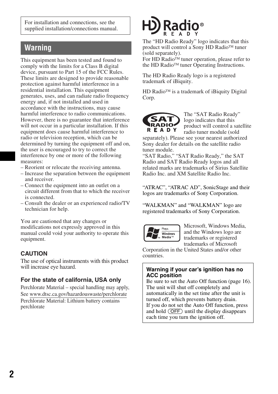 Warning | Sony CDX-GT920U User Manual | Page 2 / 56