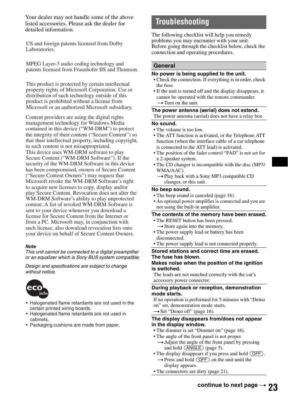 Troubleshooting | Sony CDX-GT920U User Manual | Page 23 / 56