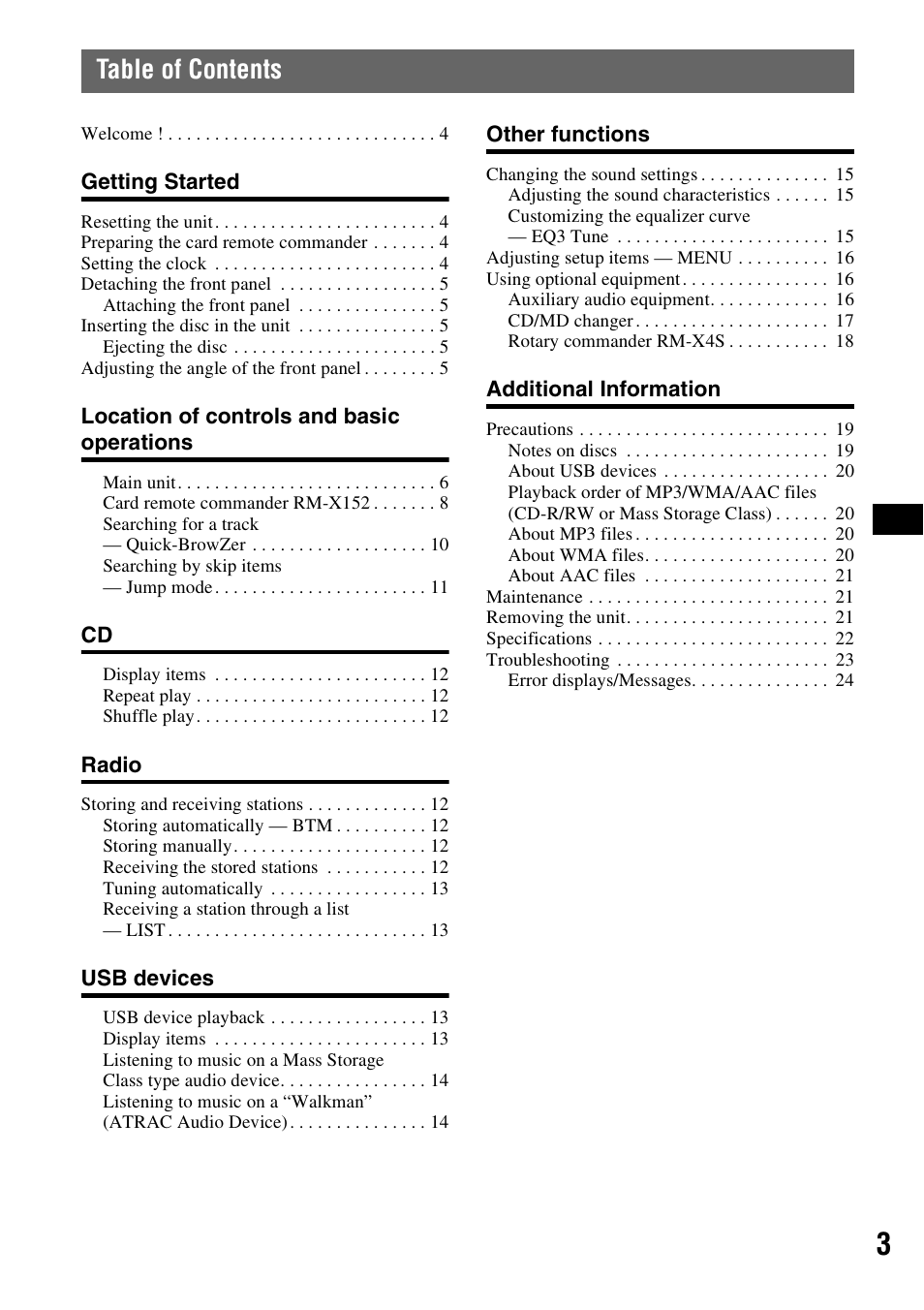 Sony CDX-GT920U User Manual | Page 3 / 56