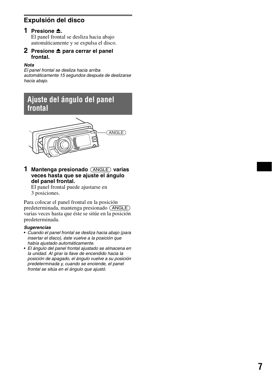 Expulsión del disco, Ajuste del ángulo del panel frontal | Sony CDX-GT920U User Manual | Page 31 / 56