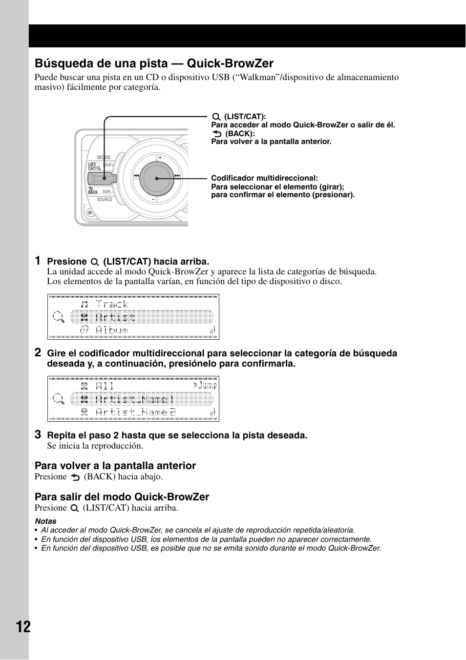 Búsqueda de una pista - quick-browzer, Búsqueda de una pista — quick-browzer, Para volver a la pantalla anterior | Para salir del modo quick-browzer | Sony CDX-GT920U User Manual | Page 36 / 56