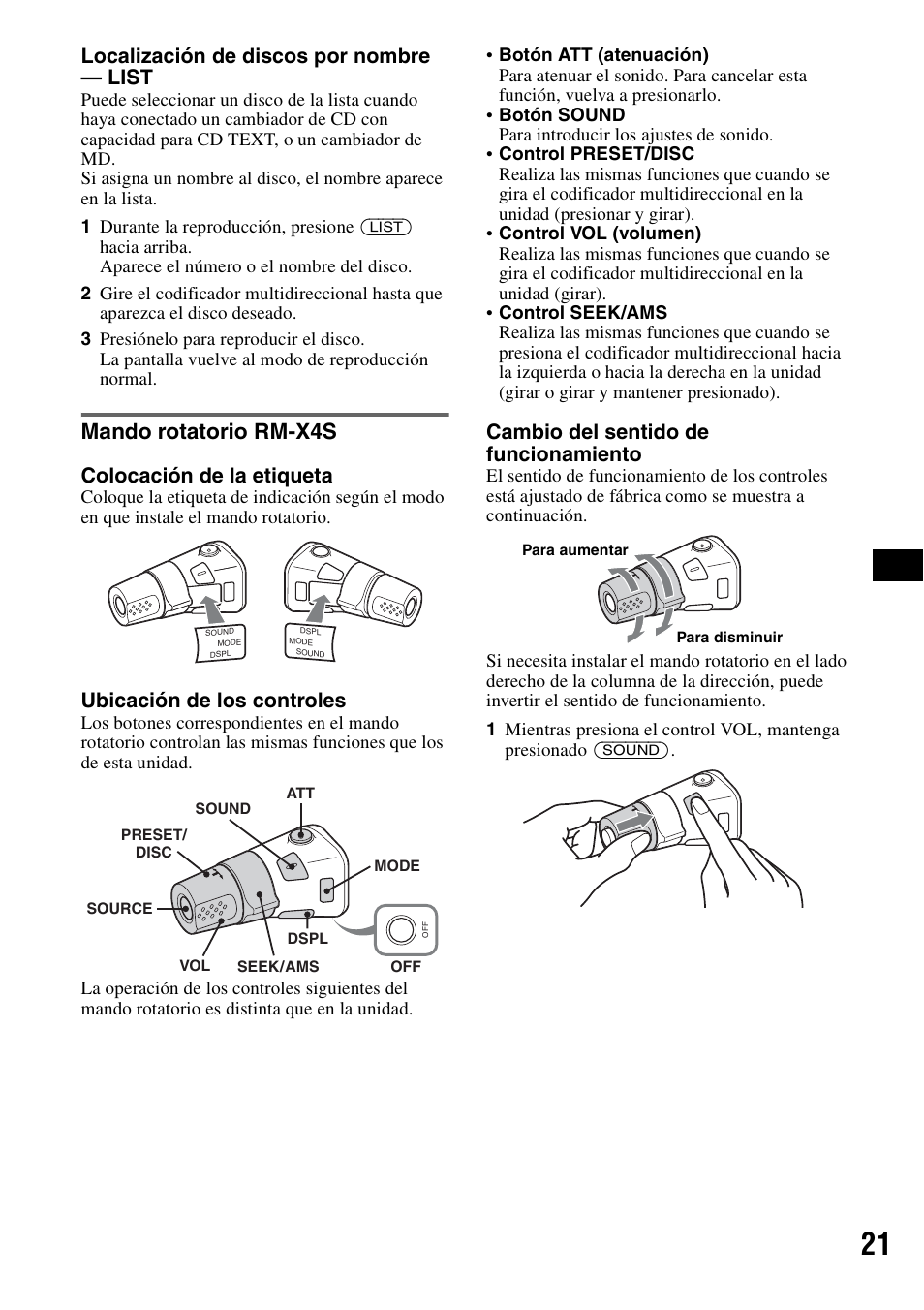 Mando rotatorio rm-x4s, Localización de discos por nombre — list, Colocación de la etiqueta | Ubicación de los controles, Cambio del sentido de funcionamiento | Sony CDX-GT920U User Manual | Page 45 / 56