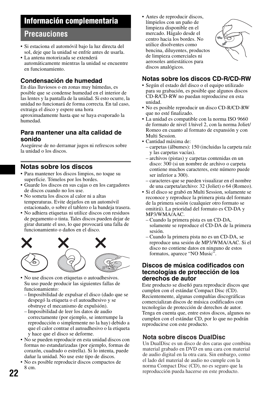Información complementaria, Precauciones, Notas sobre los discos | Información complementaria precauciones | Sony CDX-GT920U User Manual | Page 46 / 56