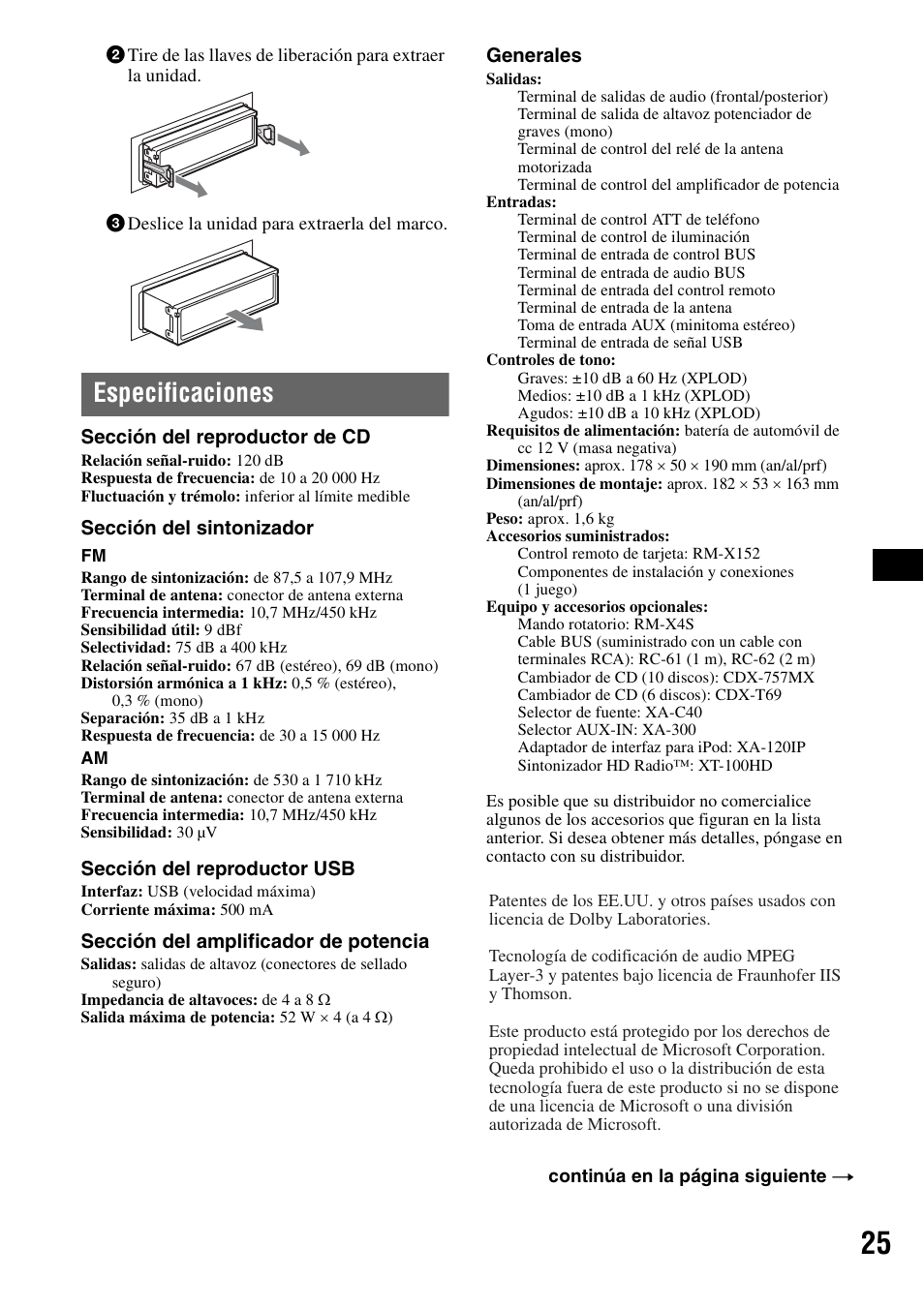 Especificaciones | Sony CDX-GT920U User Manual | Page 49 / 56