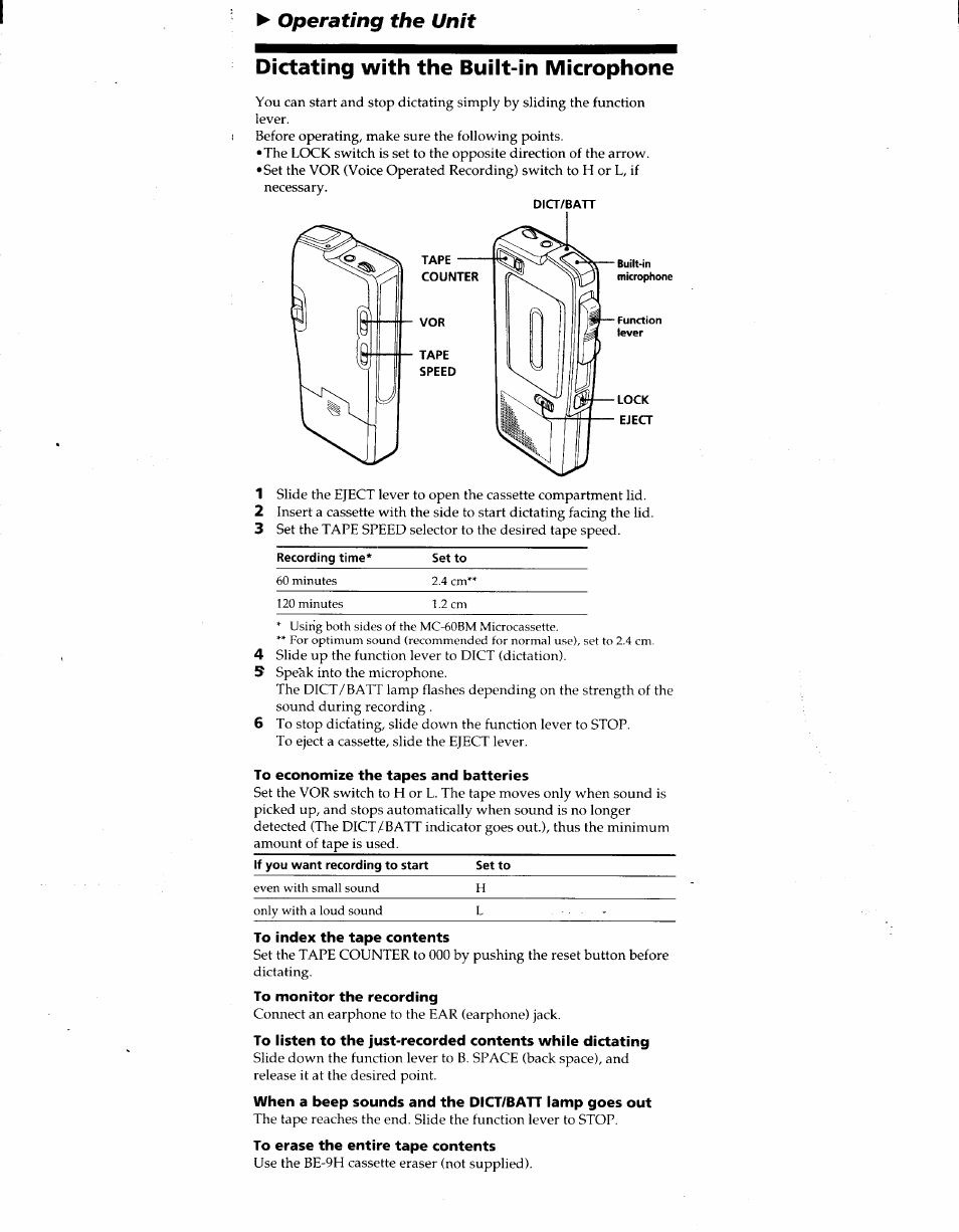 Dictating with the built-in microphone, Dict/batt, To index the tape contents | To monitor the recording, When a beep sounds and the dict/batt lamp goes out, To erase the entire tape contents | Sony BM-535 User Manual | Page 3 / 5