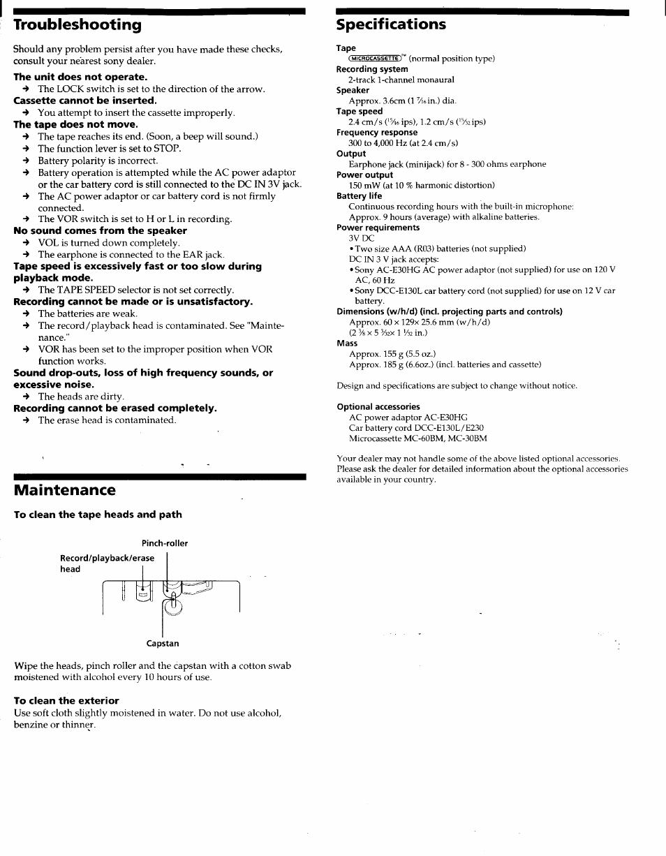 The unit does not operate, Cassette cannot be inserted, The tape does not move | No sound comes from the speaker, Recording cannot be made or is unsatisfactory, Recording cannot be erased completely, Maintenance, To clean the tape heads and path, Tape, Optional accessories | Sony BM-535 User Manual | Page 5 / 5