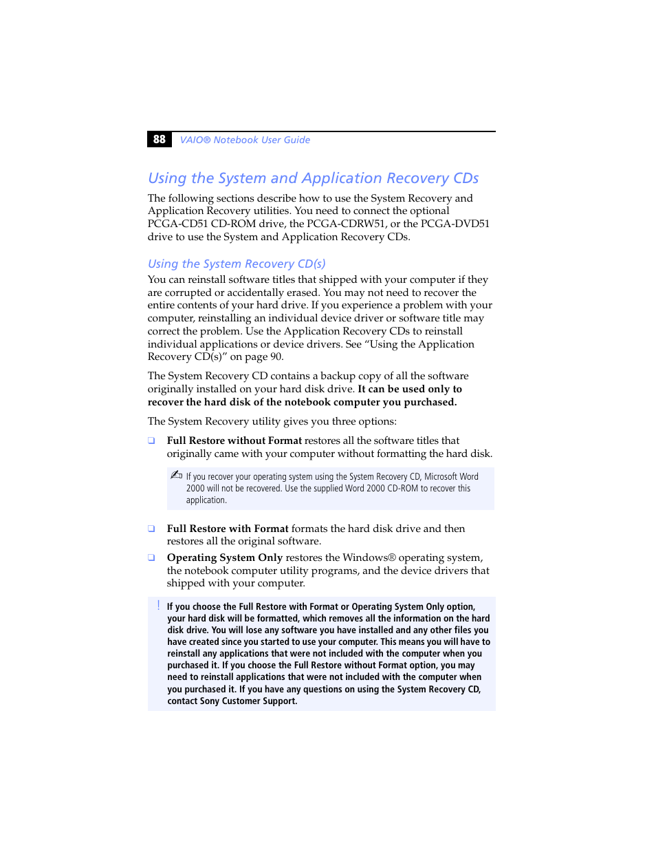 Using the system and application recovery cds, Using the system recovery cd(s) | Sony PCG-SR5K User Manual | Page 100 / 110