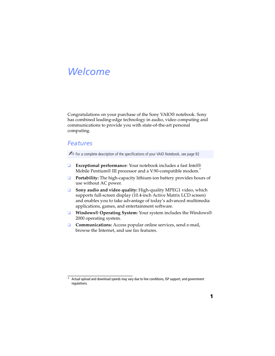 Welcome, Features | Sony PCG-SR5K User Manual | Page 13 / 110