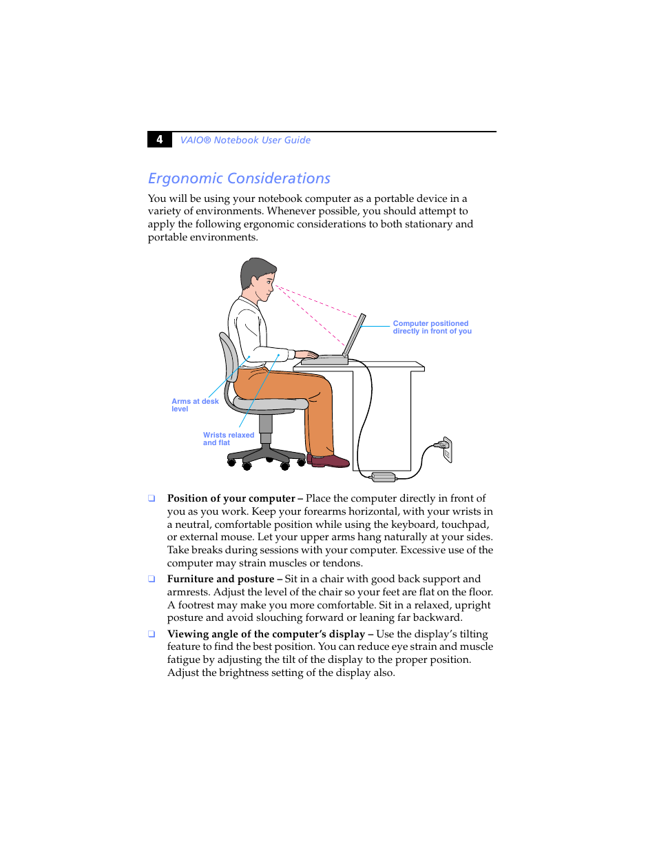 Ergonomic considerations | Sony PCG-SR5K User Manual | Page 16 / 110