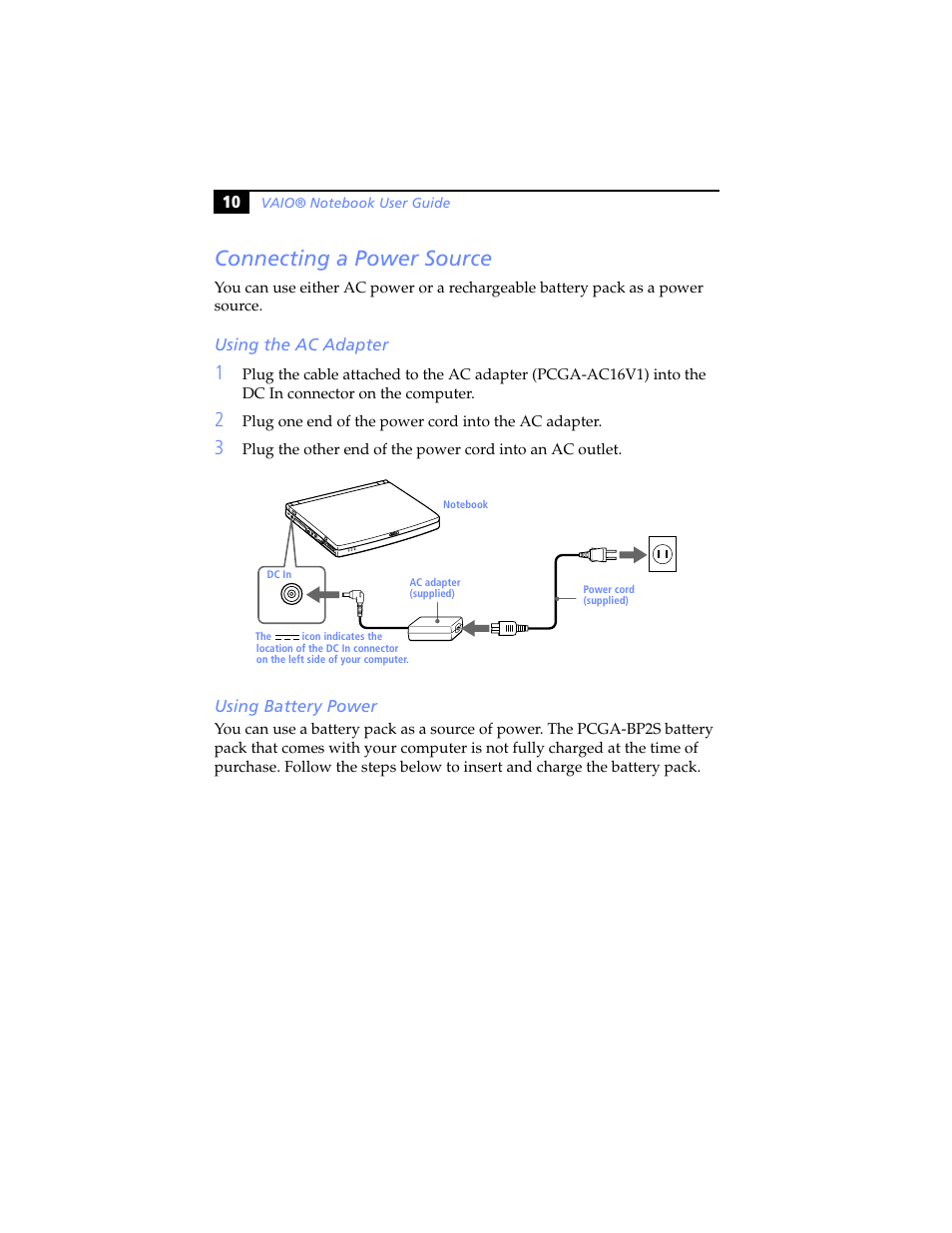 Connecting a power source, Using the ac adapter, Using battery power | Using the ac adapter using battery power | Sony PCG-SR5K User Manual | Page 22 / 110