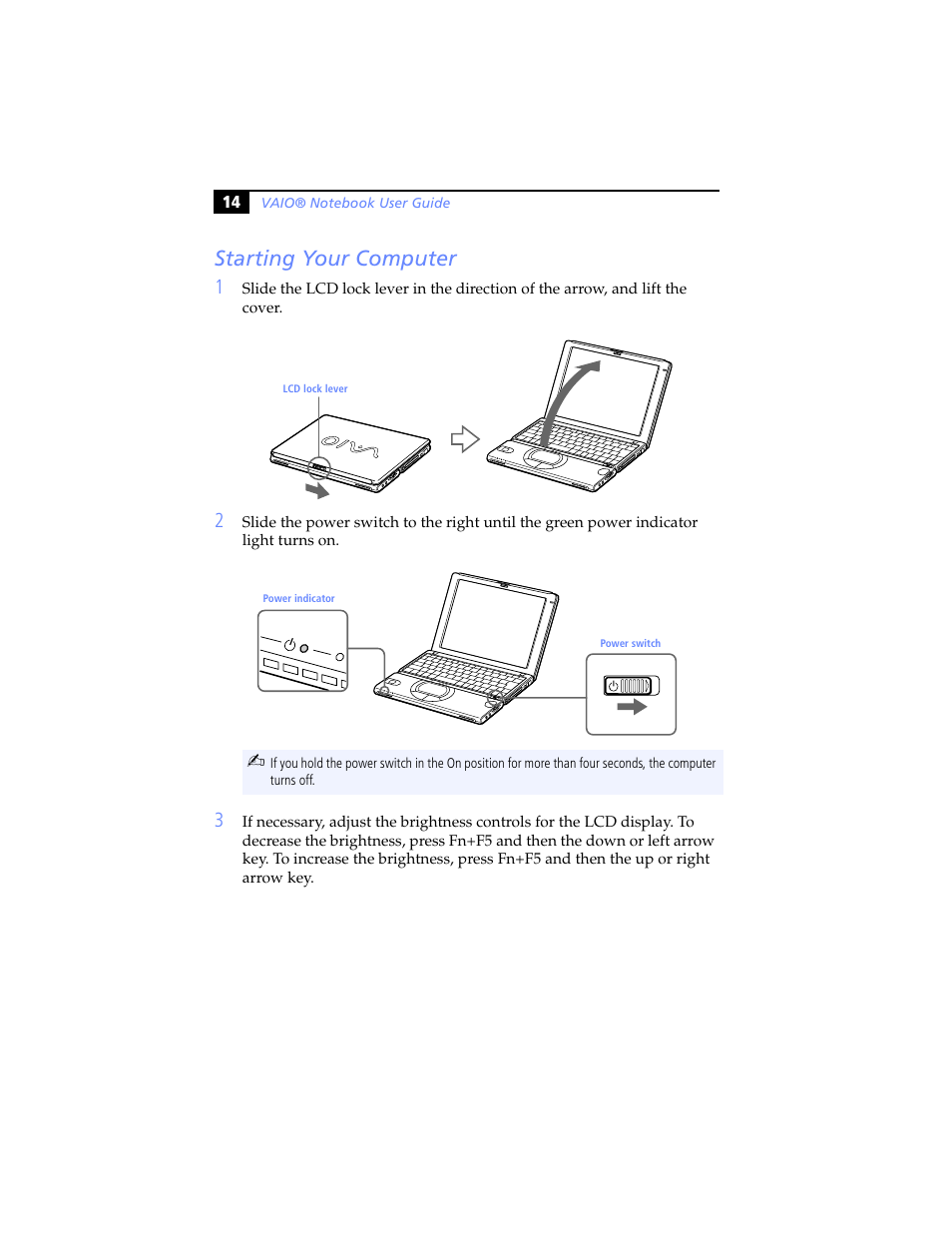 Starting your computer | Sony PCG-SR5K User Manual | Page 26 / 110