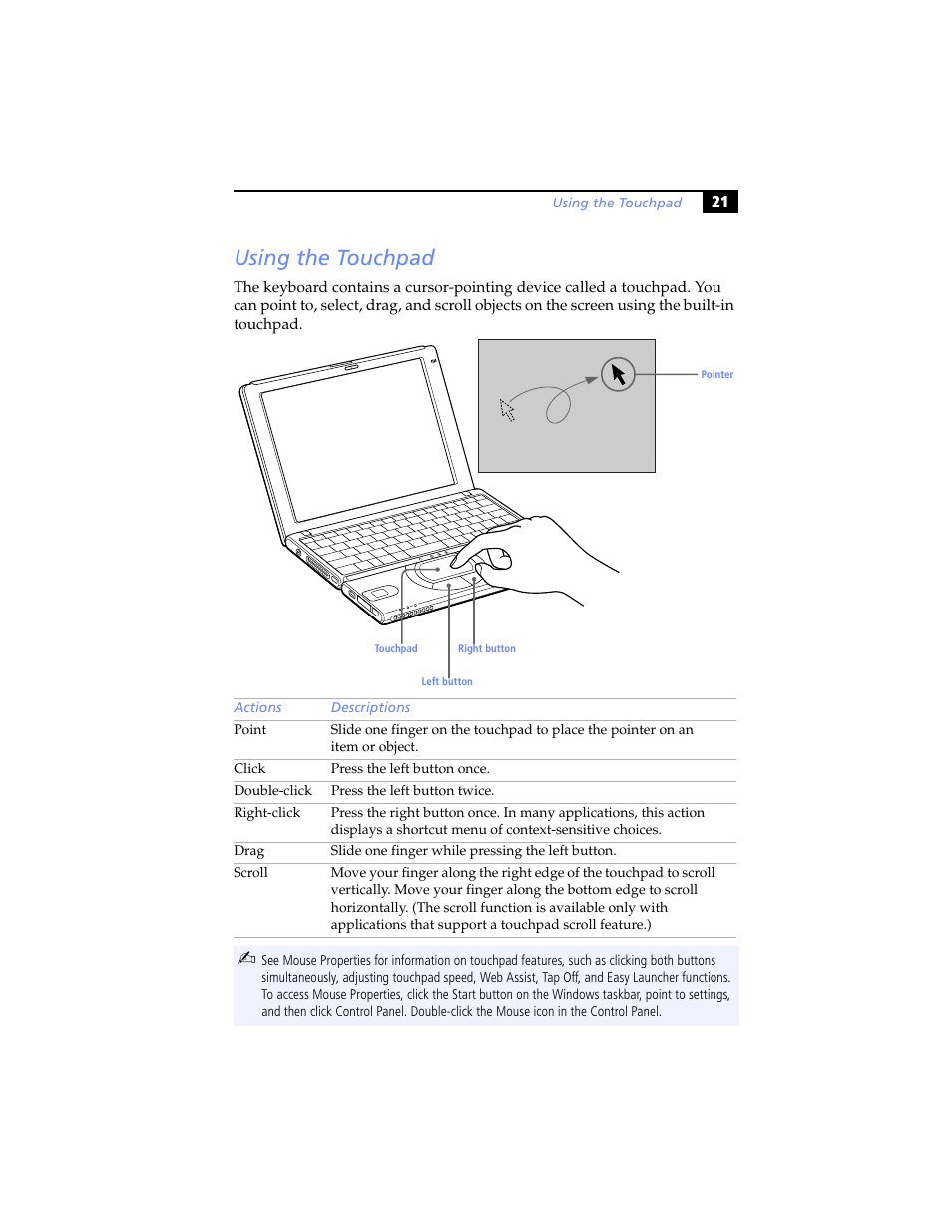 Using the touchpad | Sony PCG-SR5K User Manual | Page 33 / 110