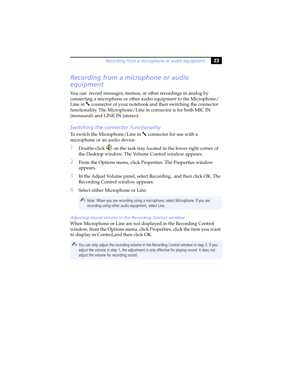 Recording from a microphone or audio equipment, Switching the connector functionality, Connecting a universal serial bus (usb) device | Sony PCG-SR5K User Manual | Page 35 / 110