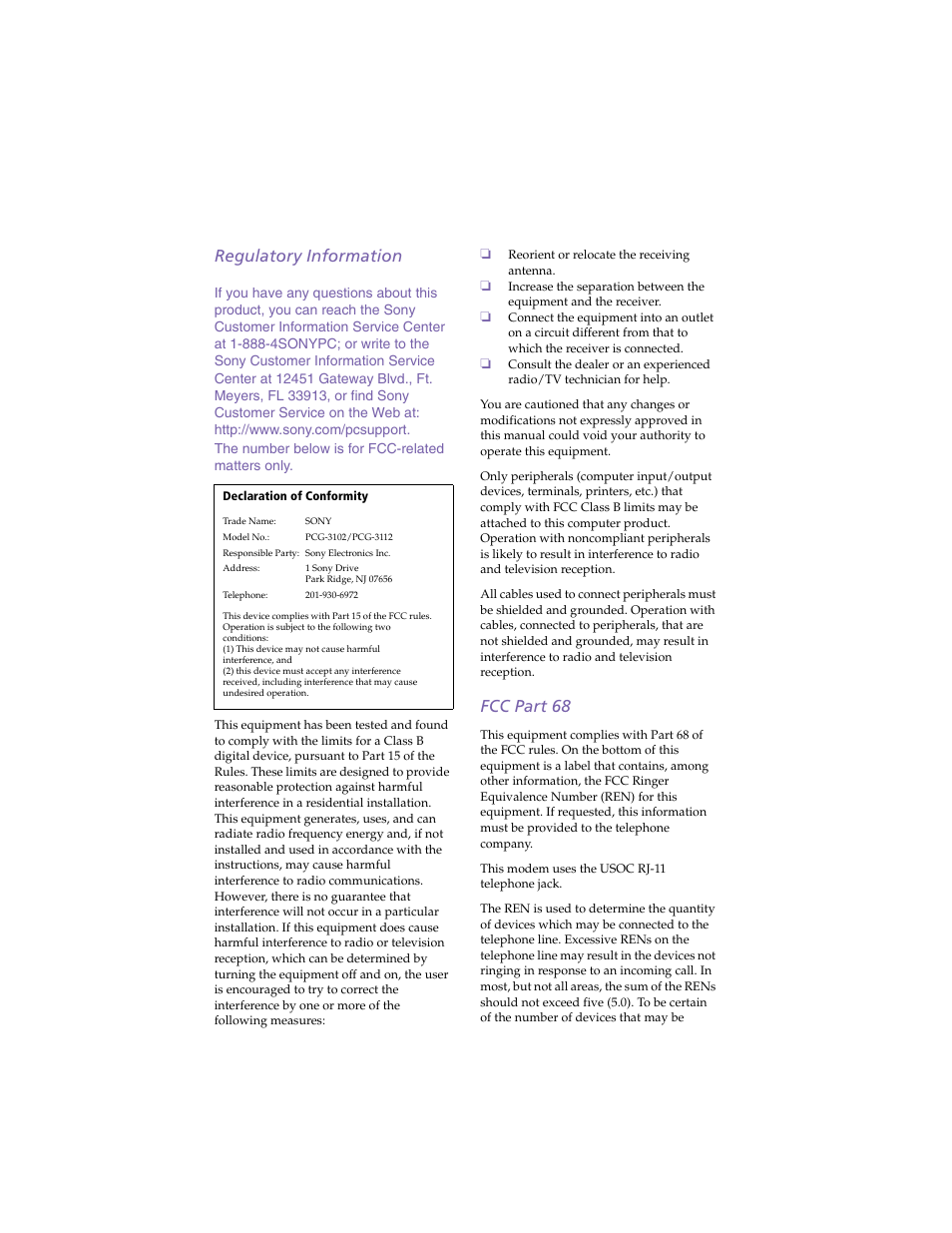 Regulatory information, Fcc part 68 | Sony PCG-SR5K User Manual | Page 4 / 110