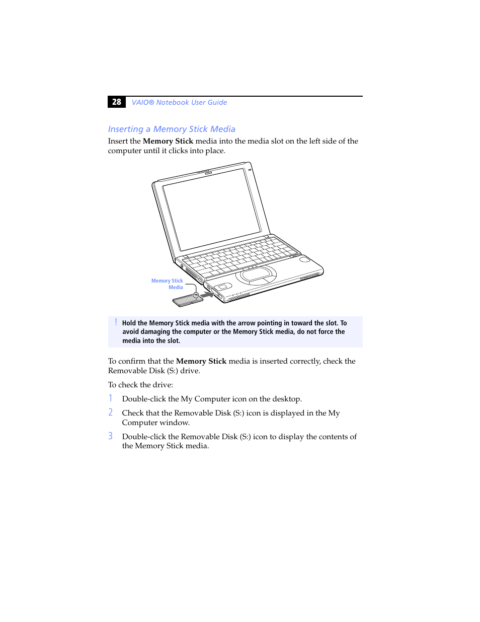 Inserting a memory stick media | Sony PCG-SR5K User Manual | Page 40 / 110