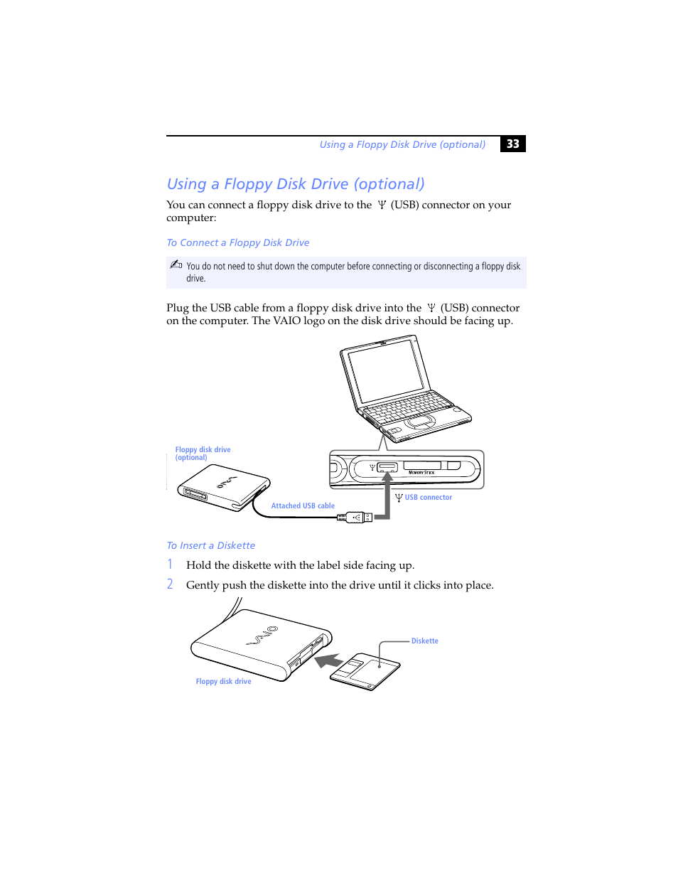 Using a floppy disk drive (optional) | Sony PCG-SR5K User Manual | Page 45 / 110