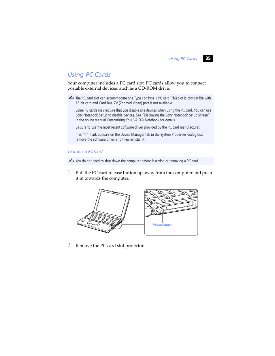 Using pc cards | Sony PCG-SR5K User Manual | Page 47 / 110