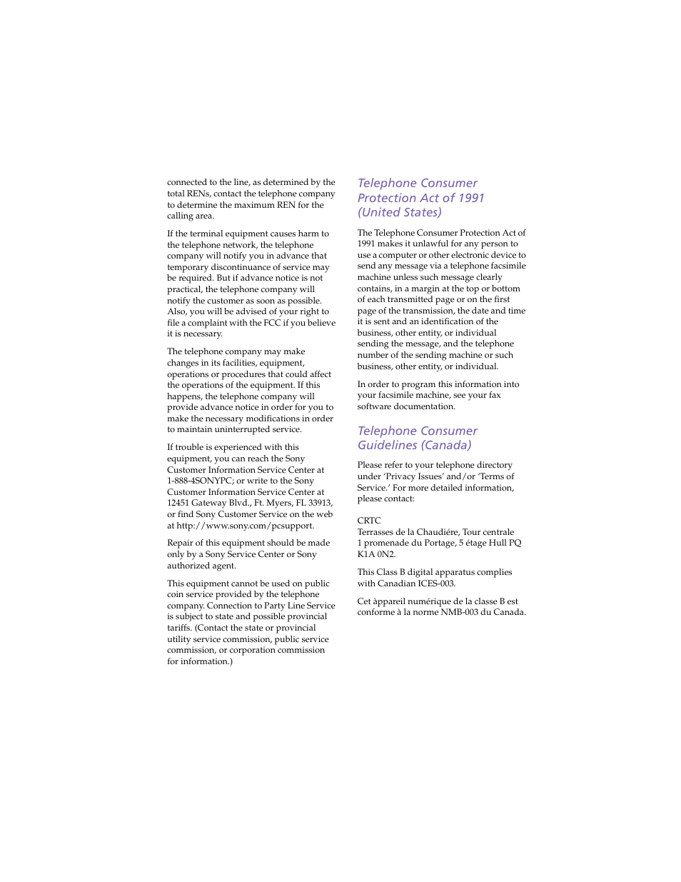 Telephone consumer guidelines (canada) | Sony PCG-SR5K User Manual | Page 5 / 110