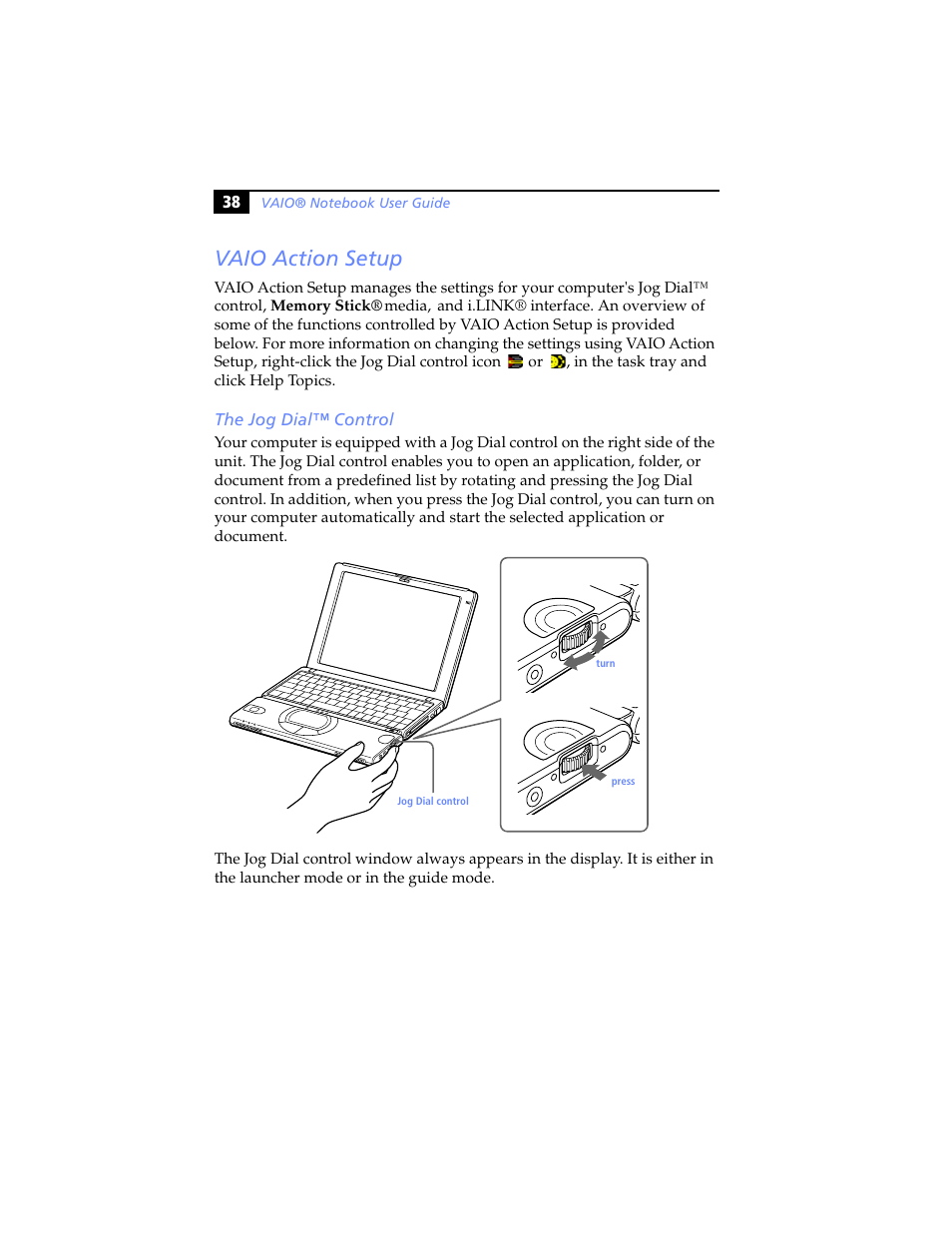 Vaio action setup, The jog dial™ control | Sony PCG-SR5K User Manual | Page 50 / 110