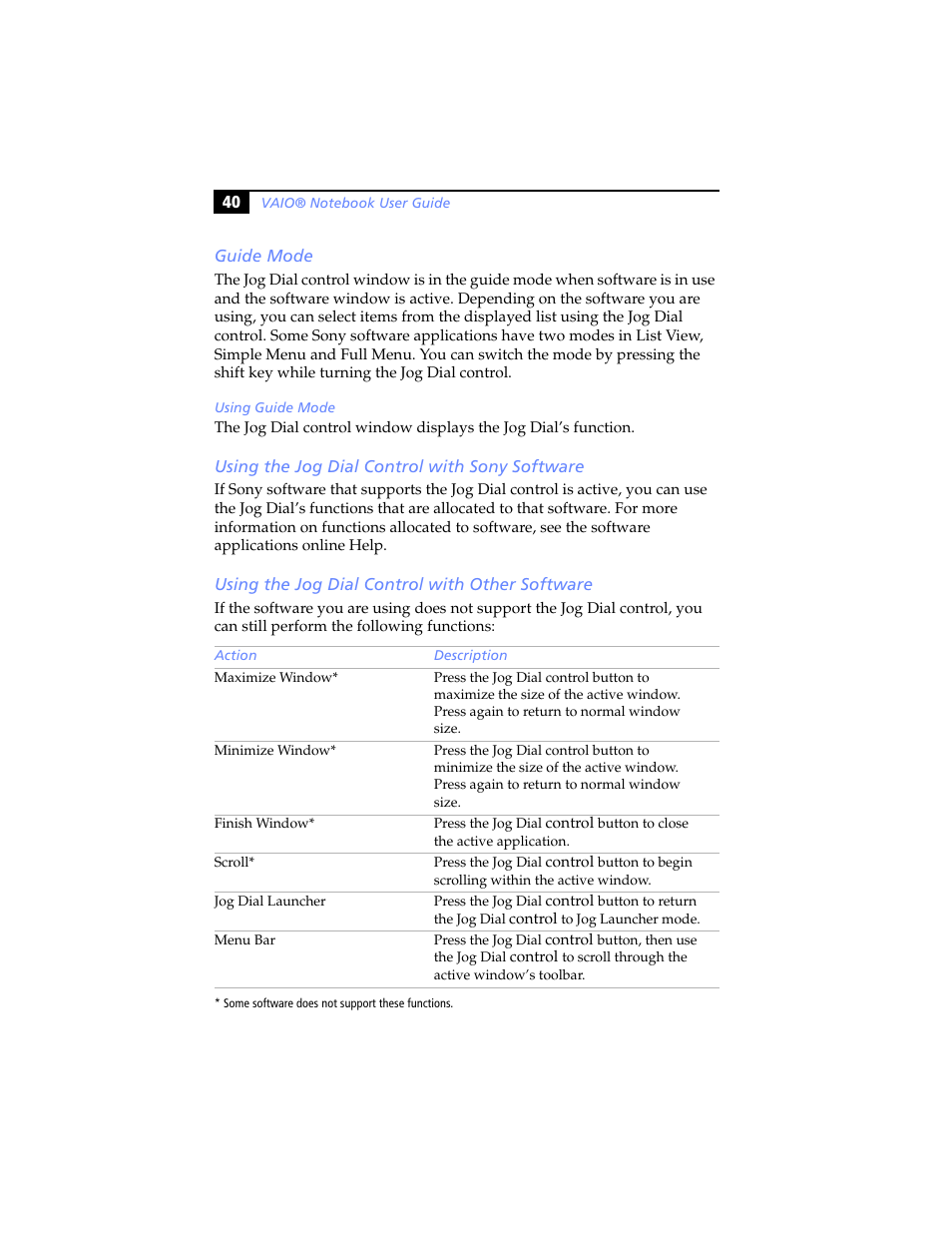 Guide mode, Using the jog dial control with sony software, Using the jog dial control with other software | Sony PCG-SR5K User Manual | Page 52 / 110