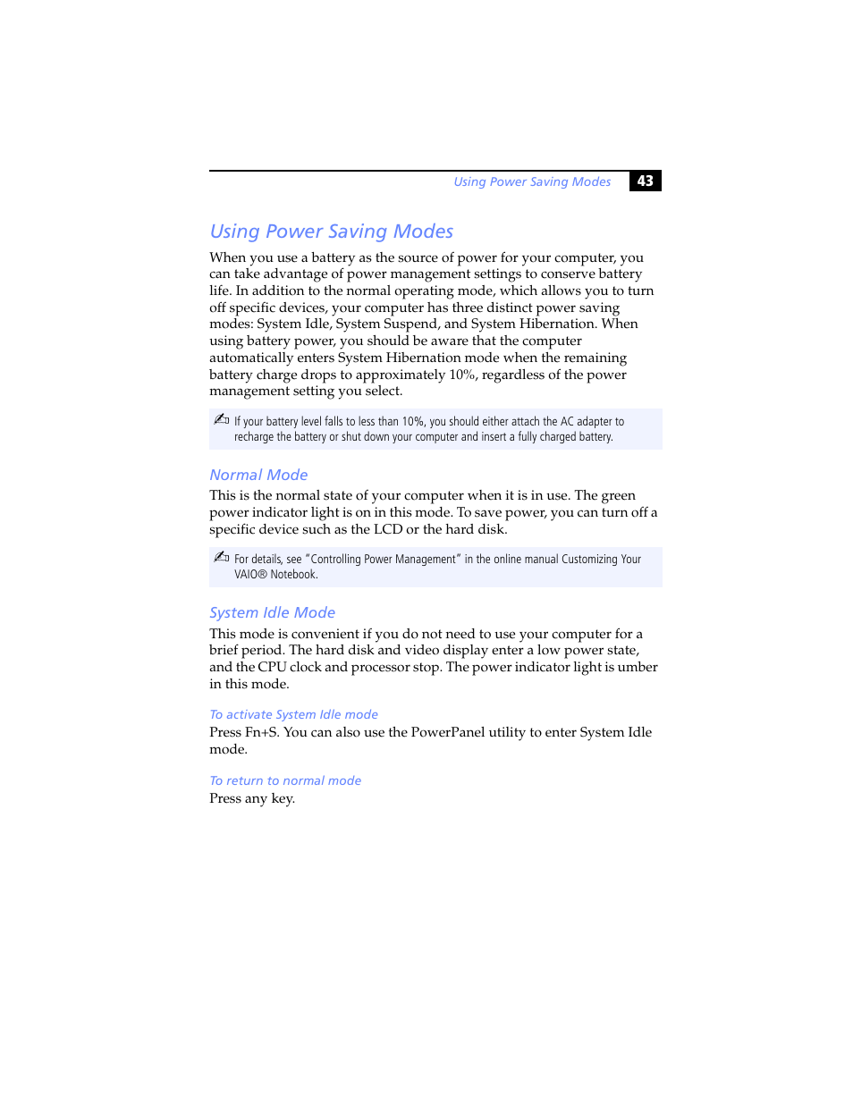 Using power saving modes, Normal mode, System idle mode | Normal mode system idle mode | Sony PCG-SR5K User Manual | Page 55 / 110