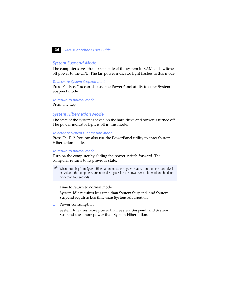 System suspend mode, System hibernation mode, System suspend mode system hibernation mode | Sony PCG-SR5K User Manual | Page 56 / 110