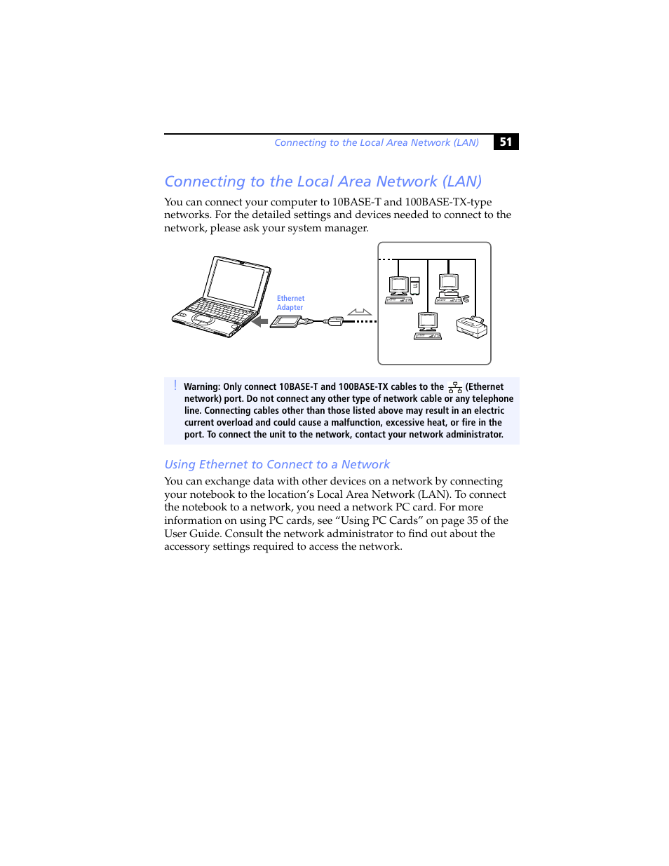 Connecting to the local area network (lan), Using ethernet to connect to a network | Sony PCG-SR5K User Manual | Page 63 / 110