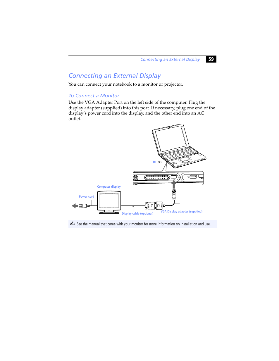 Connecting an external display, To connect a monitor | Sony PCG-SR5K User Manual | Page 71 / 110