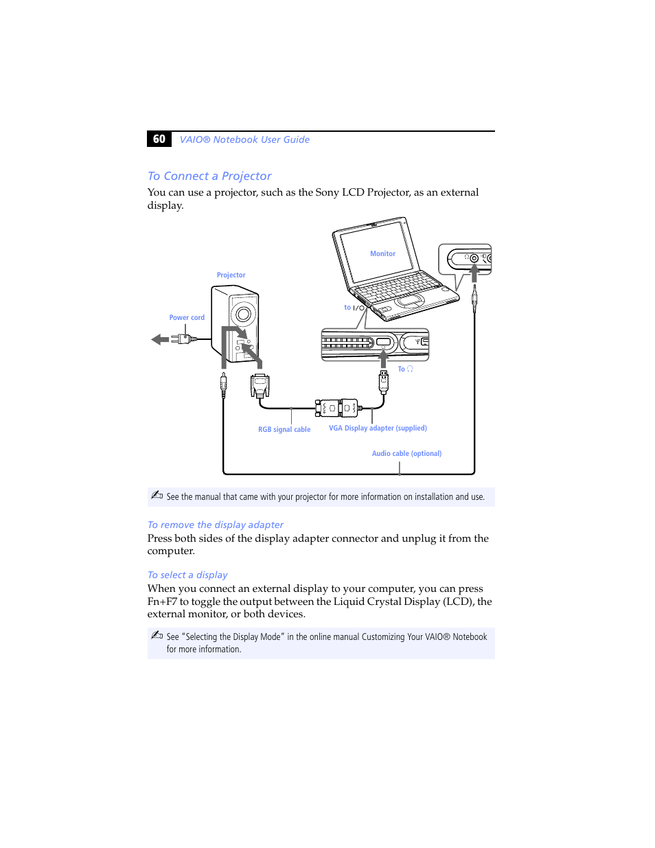 To connect a projector | Sony PCG-SR5K User Manual | Page 72 / 110