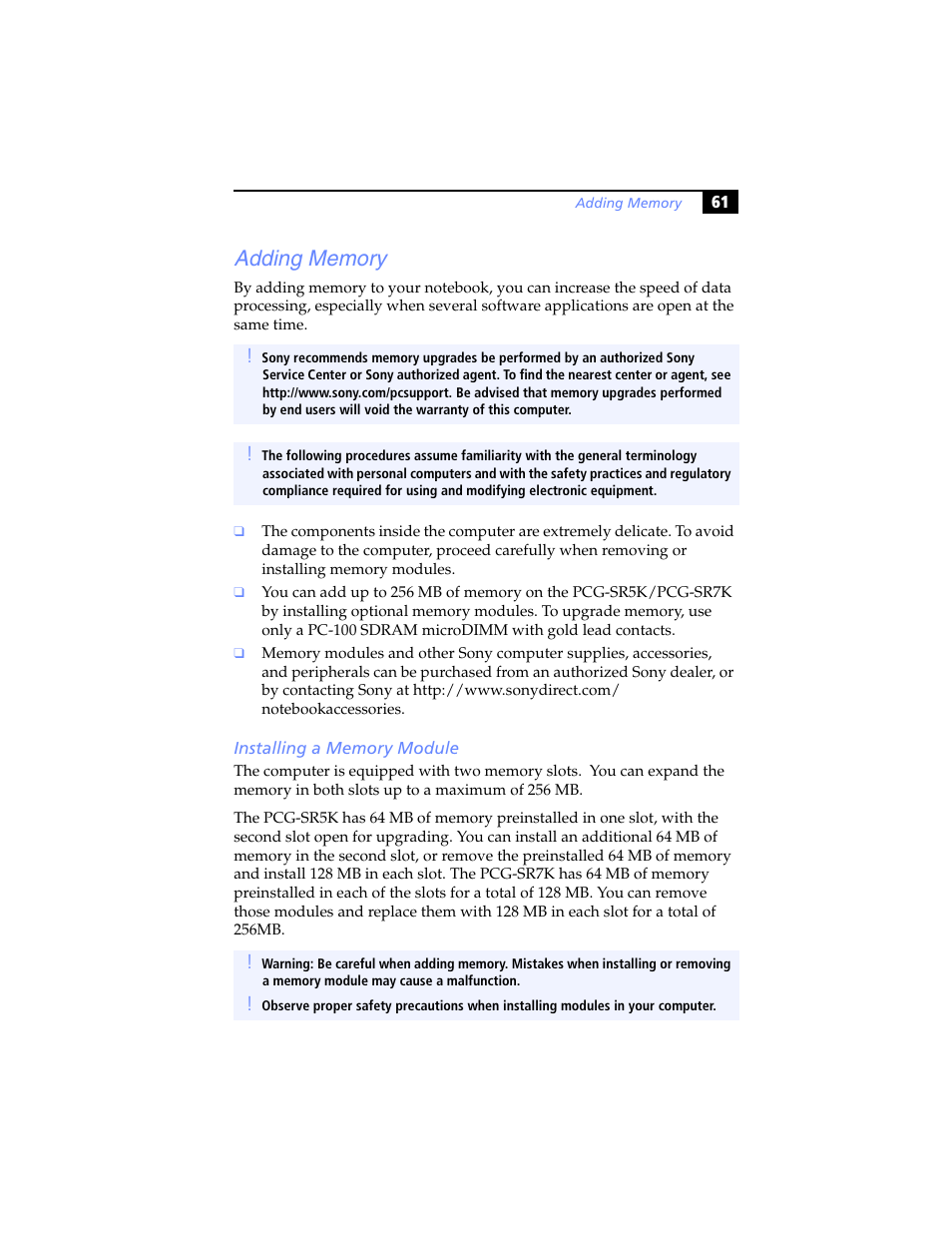 Adding memory, Installing a memory module | Sony PCG-SR5K User Manual | Page 73 / 110