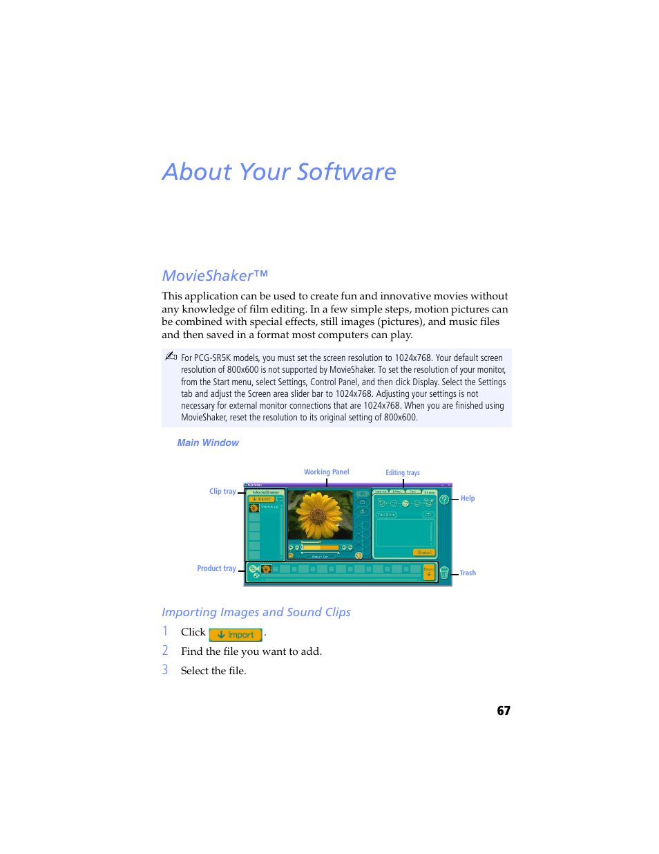 About your software, Movieshaker, Importing images and sound clips | Sony PCG-SR5K User Manual | Page 79 / 110