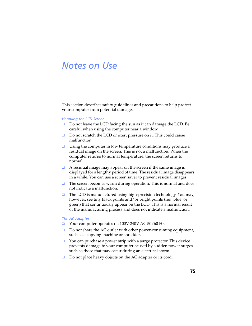 Notes on use | Sony PCG-SR5K User Manual | Page 87 / 110