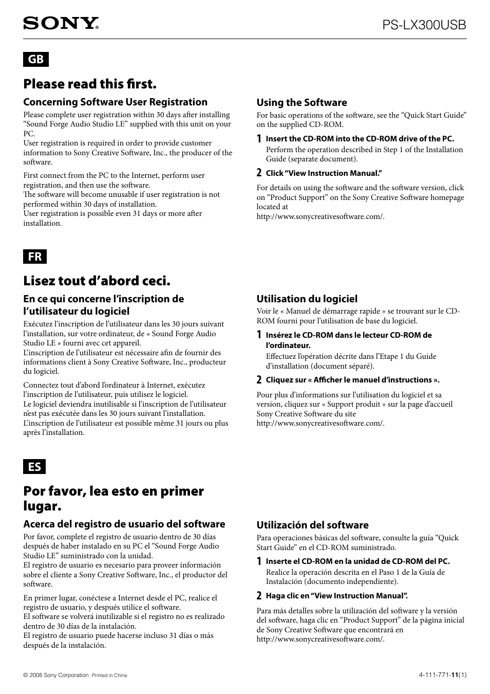 Sony PS-LX300USB User Manual | 1 page