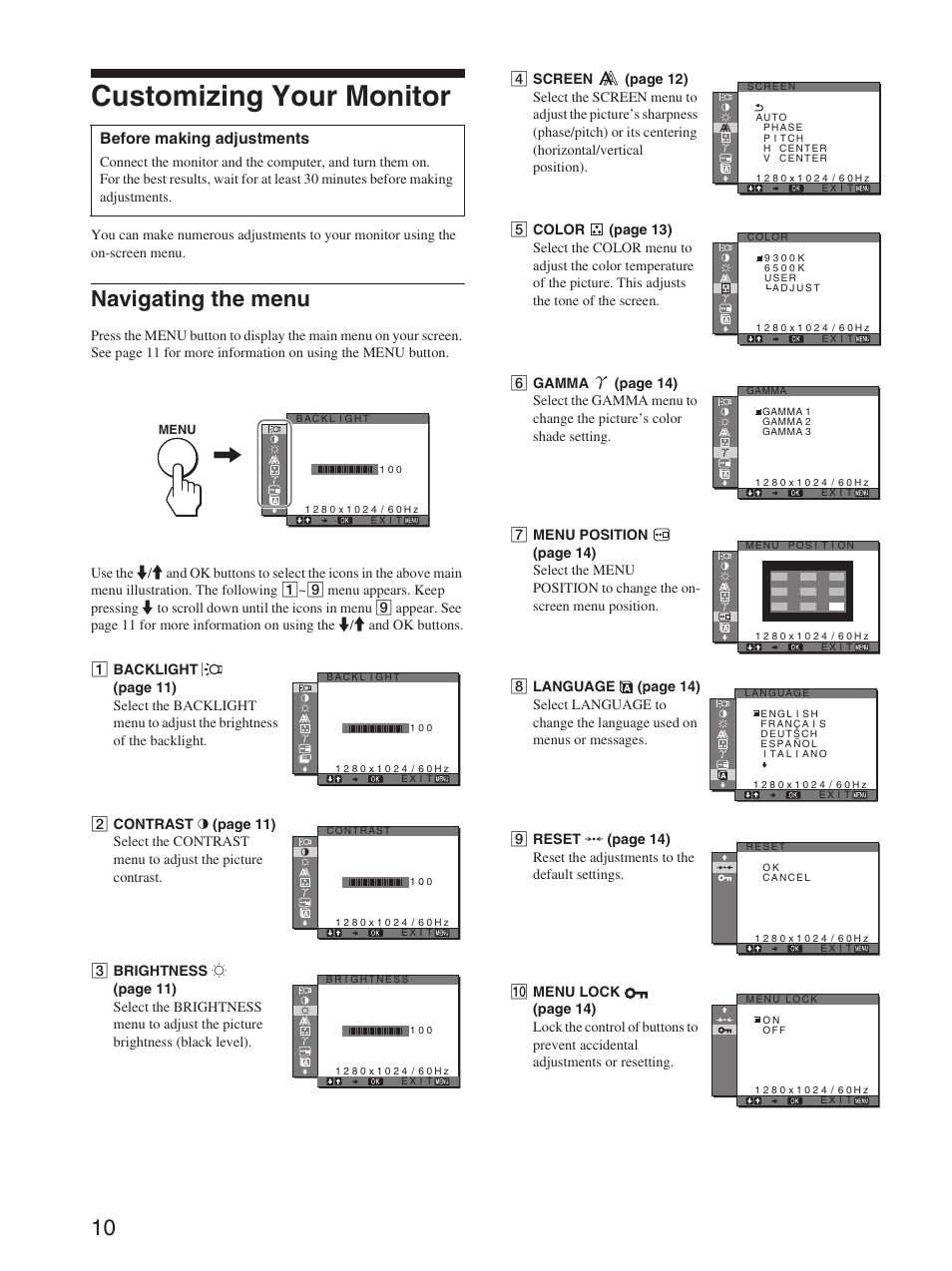 Customizing your monitor, Navigating the menu | Sony SDM-S93 User Manual | Page 10 / 22