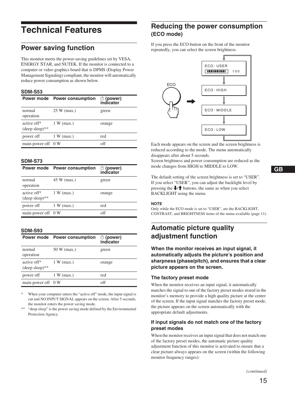 Technical features, Power saving function, Reducing the power consumption (eco mode) | Automatic picture quality adjustment function, Reducing the power consumption | Sony SDM-S93 User Manual | Page 15 / 22